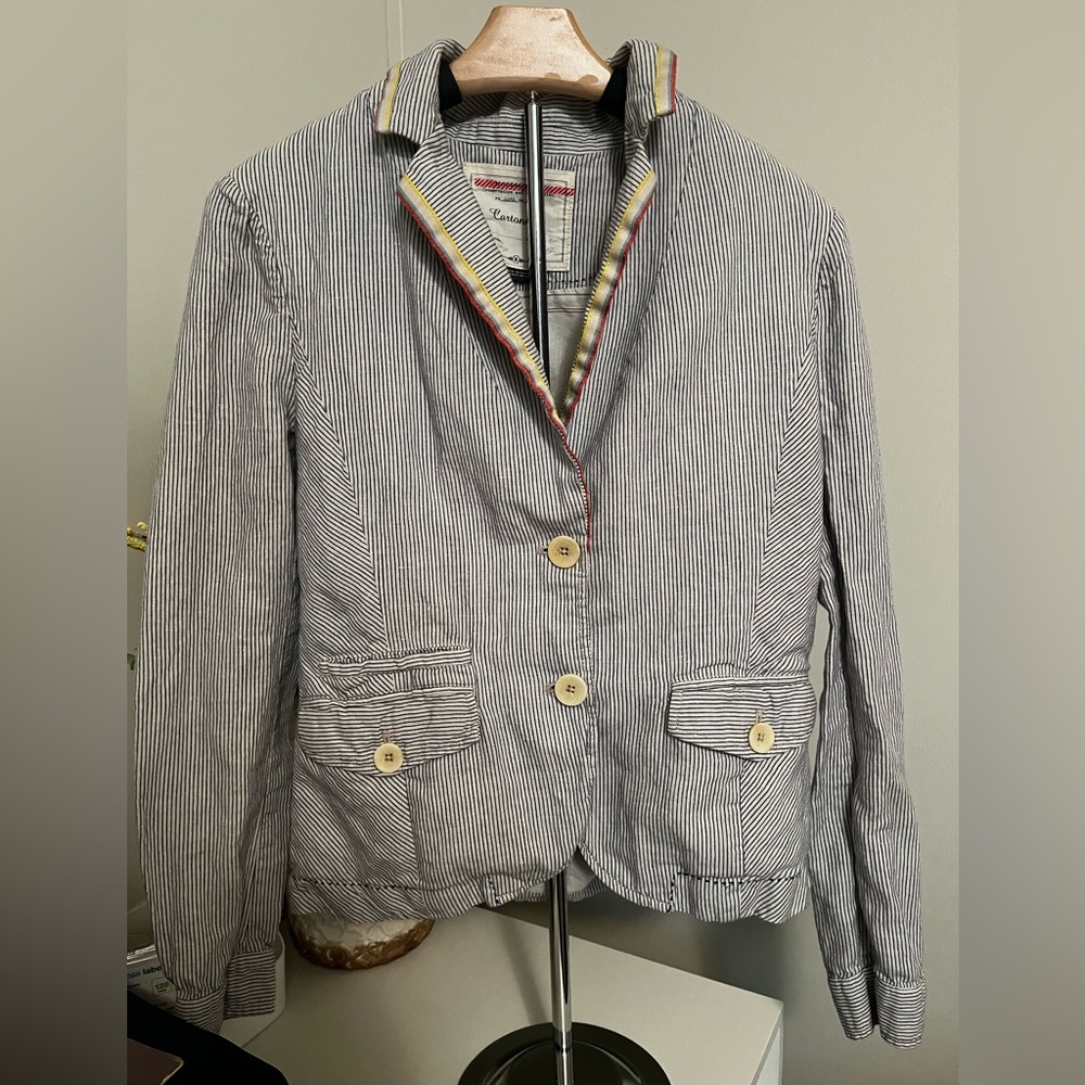 Anthropologie Cartonnier Sunglow Blue White Striped Nautical Blazer Size 10